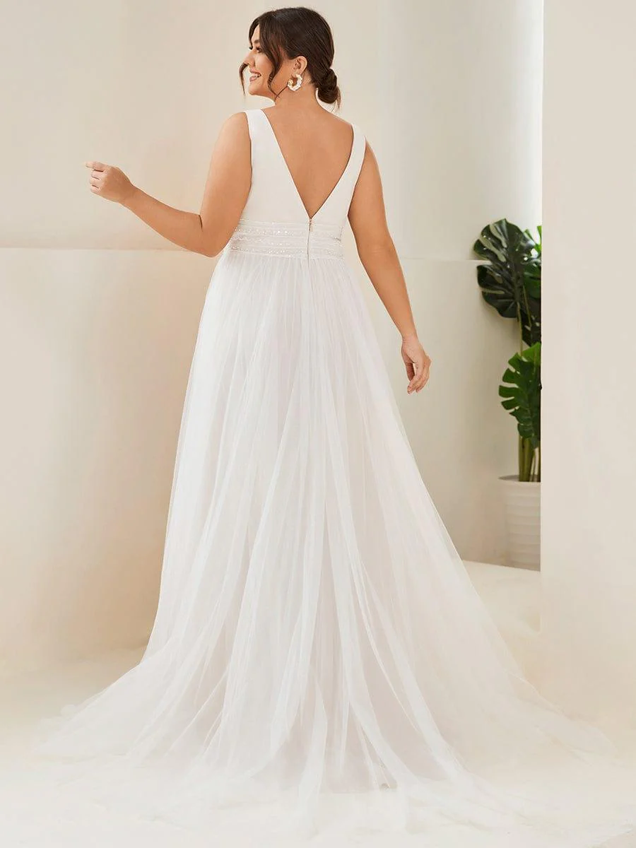 Sleeveless Deep V Low Back Long Wedding Dress - Image 15