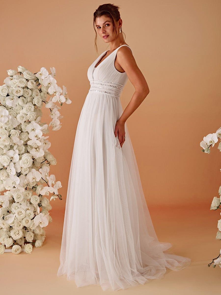 Sleeveless Deep V Low Back Long Wedding Dress - Image 5