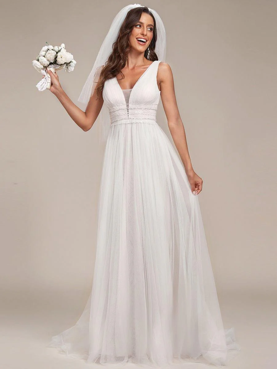 Sleeveless Deep V Low Back Long Wedding Dress - Image 6