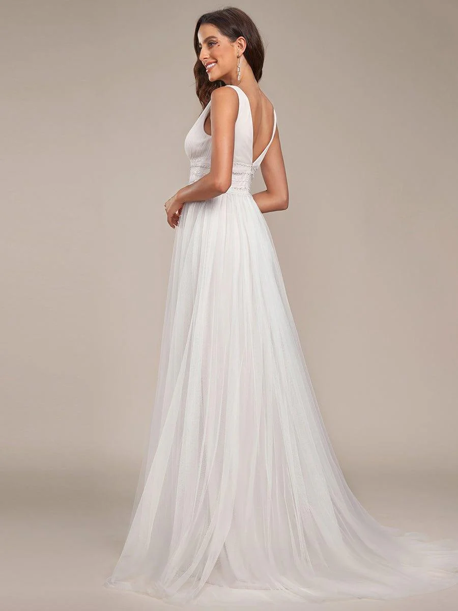 Sleeveless Deep V Low Back Long Wedding Dress - Image 7