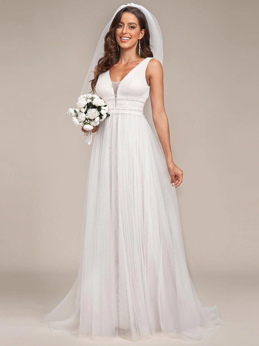 Sleeveless Deep V Low Back Long Wedding Dress - Image 9