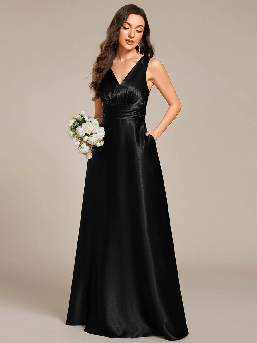 ever INDY|Sleeveless Empire Waist Satin Maxi Dress With Pockets in Black - Image 4