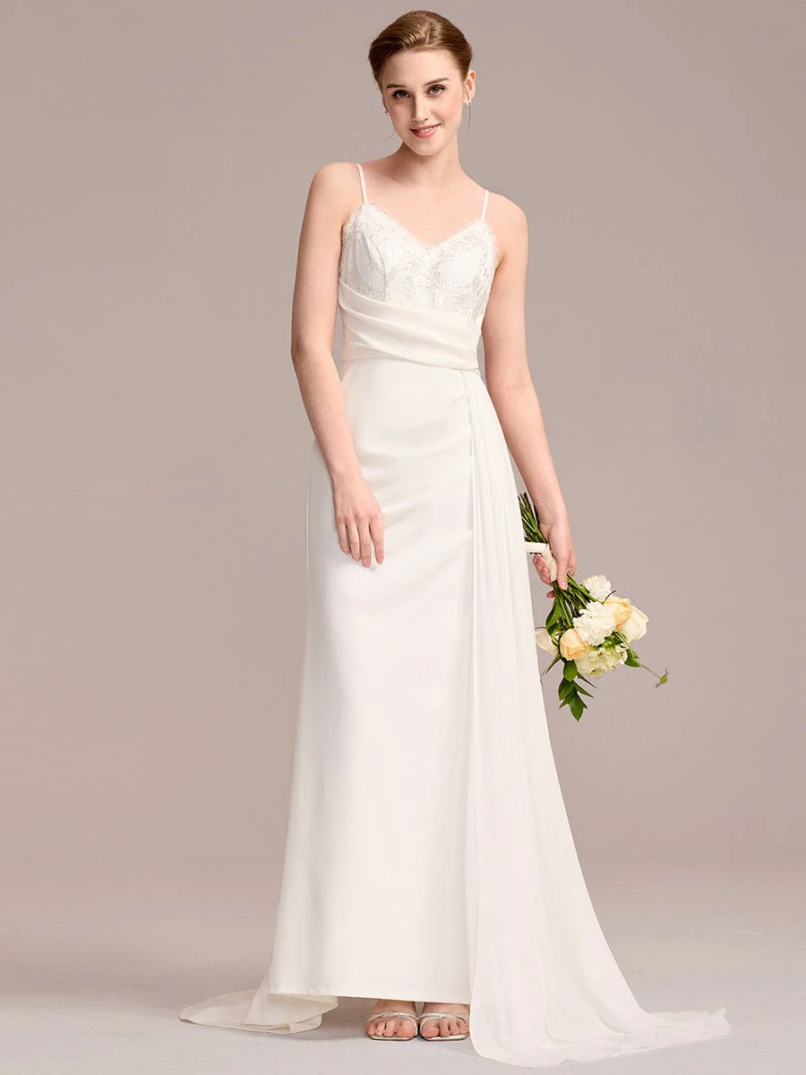 Sleeveless V-Neck Embroidered Wedding Dress with Ribbons - Image 4