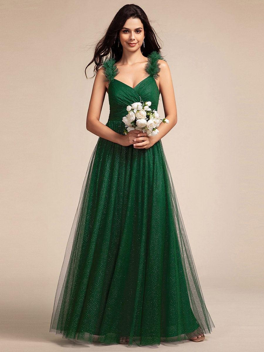 Sleeveless Pleated Glitter Maxi Bridesmaid Dress With Embellished Straps - Image 10
