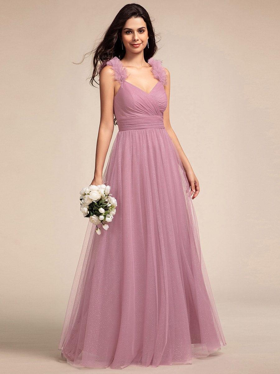 Sleeveless Pleated Glitter Maxi Bridesmaid Dress With Embellished Straps - Image 11