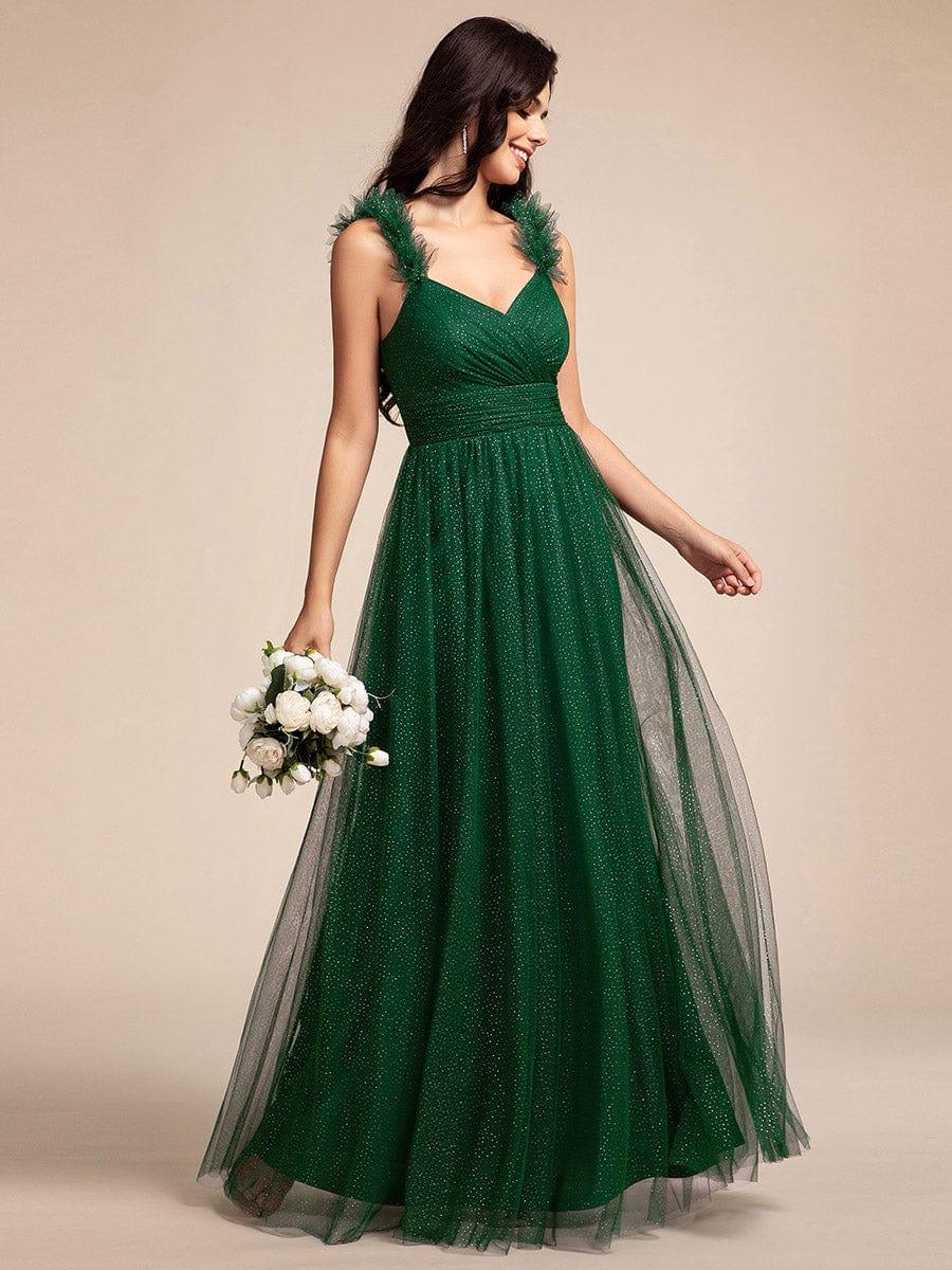 Sleeveless Pleated Glitter Maxi Bridesmaid Dress With Embellished Straps - Image 6