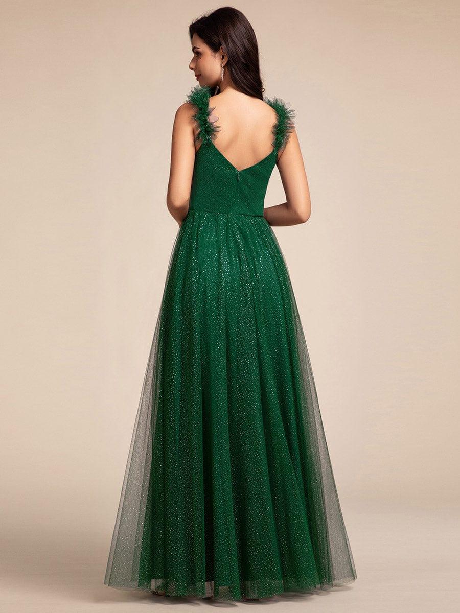 Sleeveless Pleated Glitter Maxi Dress With Embellished Straps in Dark Green - Image 2