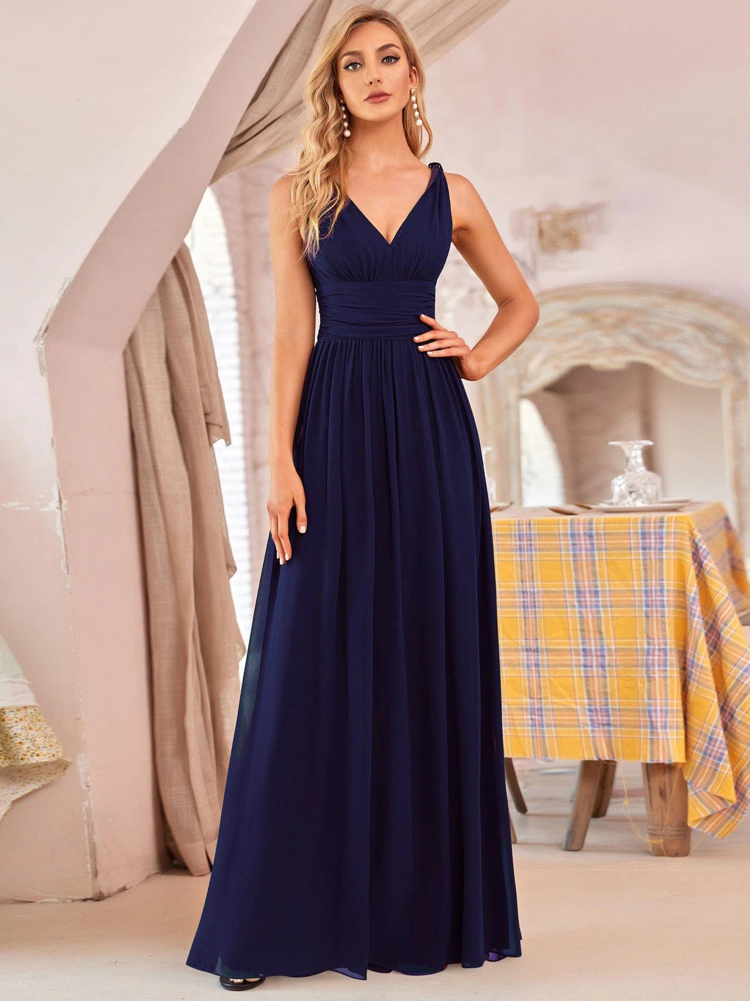 ever HUSH|V Neck Sleeveless Pleated Chiffon Evening Dress - Image 55