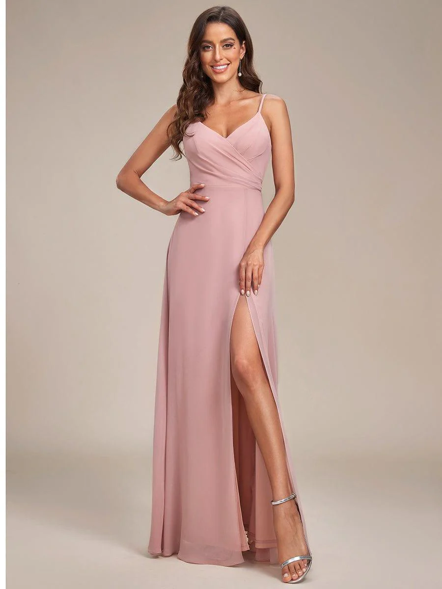 ever RENÉ|Spaghetti Strap Pleated V-Neck High Slit Bridesmaid Dress - Image 11