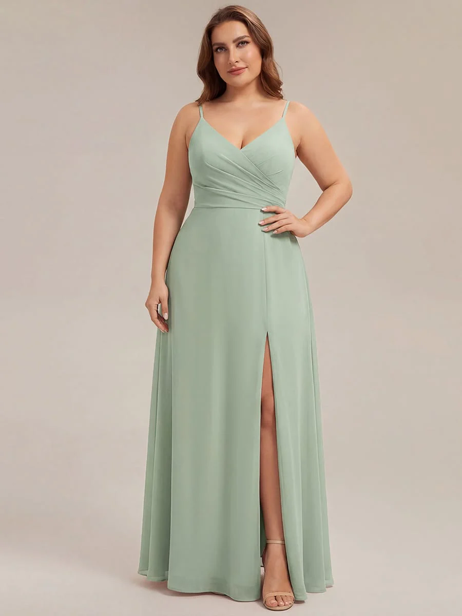 ever RENÉ|Spaghetti Strap Pleated V-Neck High Slit Bridesmaid Dress - Image 15