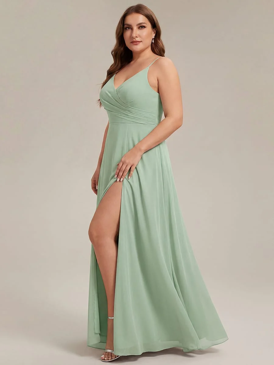 ever RENÉ|Spaghetti Strap Pleated V-Neck High Slit Bridesmaid Dress - Image 17