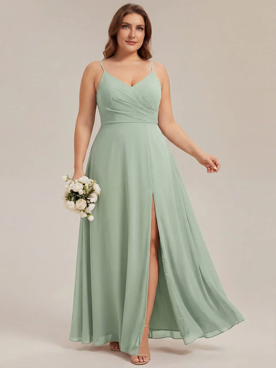 ever RENÉ|Spaghetti Strap Pleated V-Neck High Slit Bridesmaid Dress - Image 18