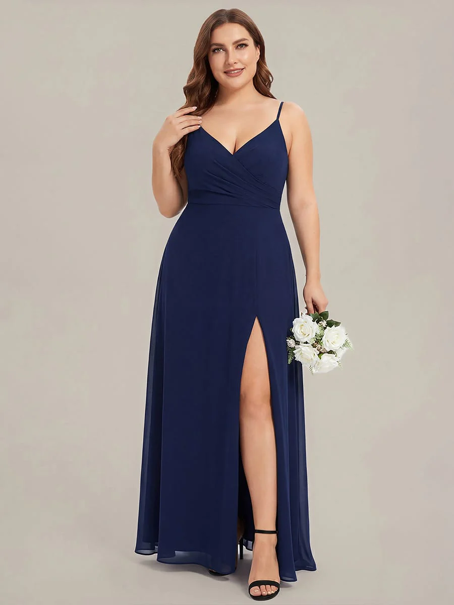 ever RENÉ|Spaghetti Strap Pleated V-Neck High Slit Bridesmaid Dress - Image 26