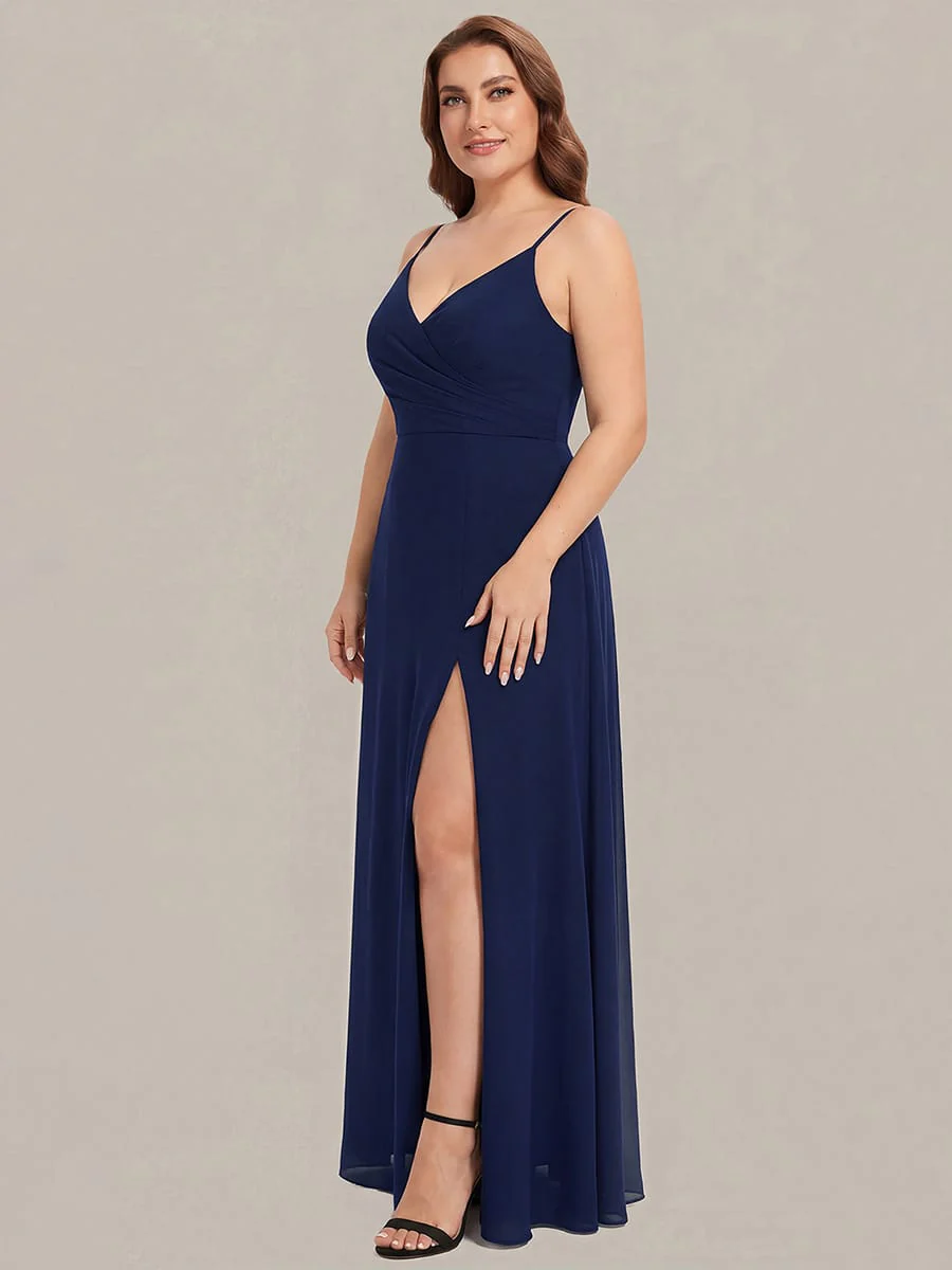 ever RENÉ|Spaghetti Strap Pleated V-Neck High Slit Bridesmaid Dress - Image 27