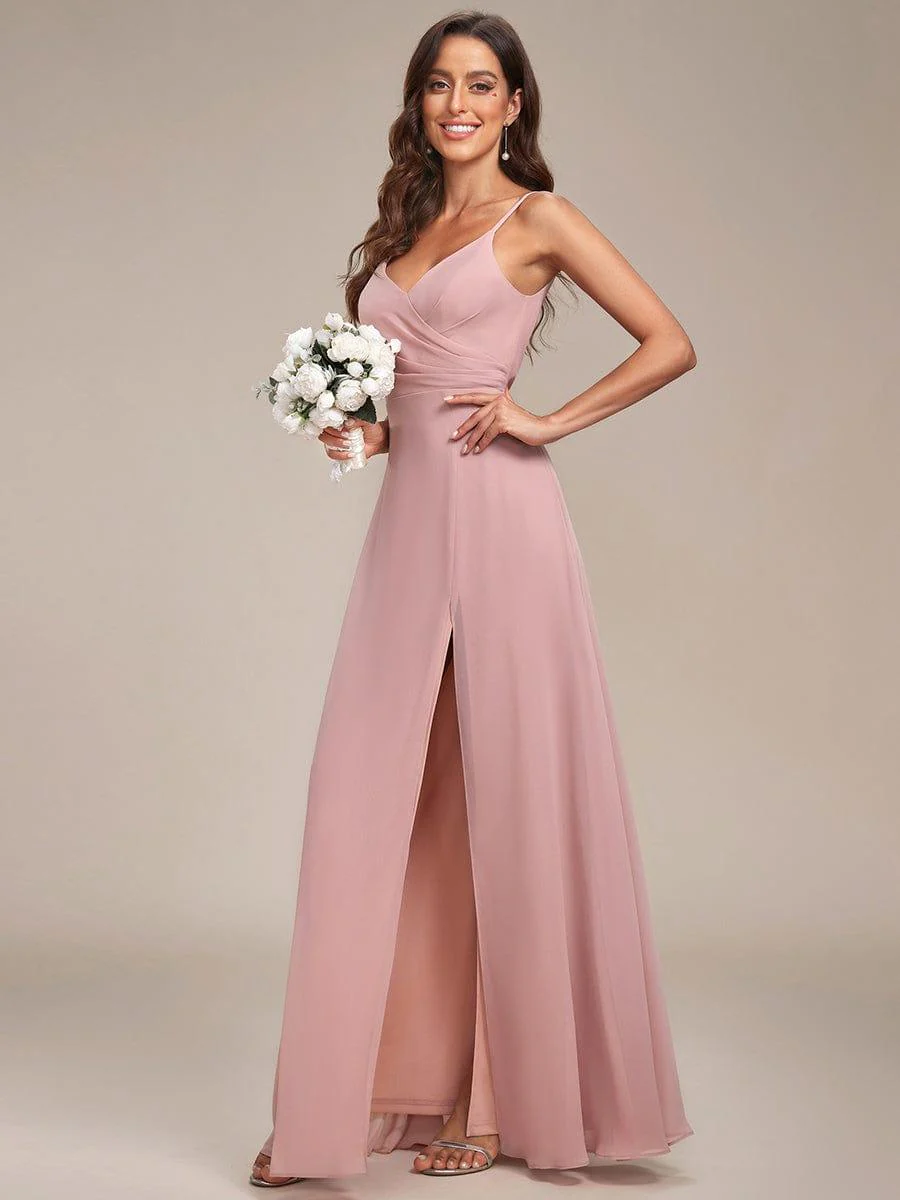 ever RENÉ|Spaghetti Strap Pleated V-Neck High Slit Bridesmaid Dress - Image 32