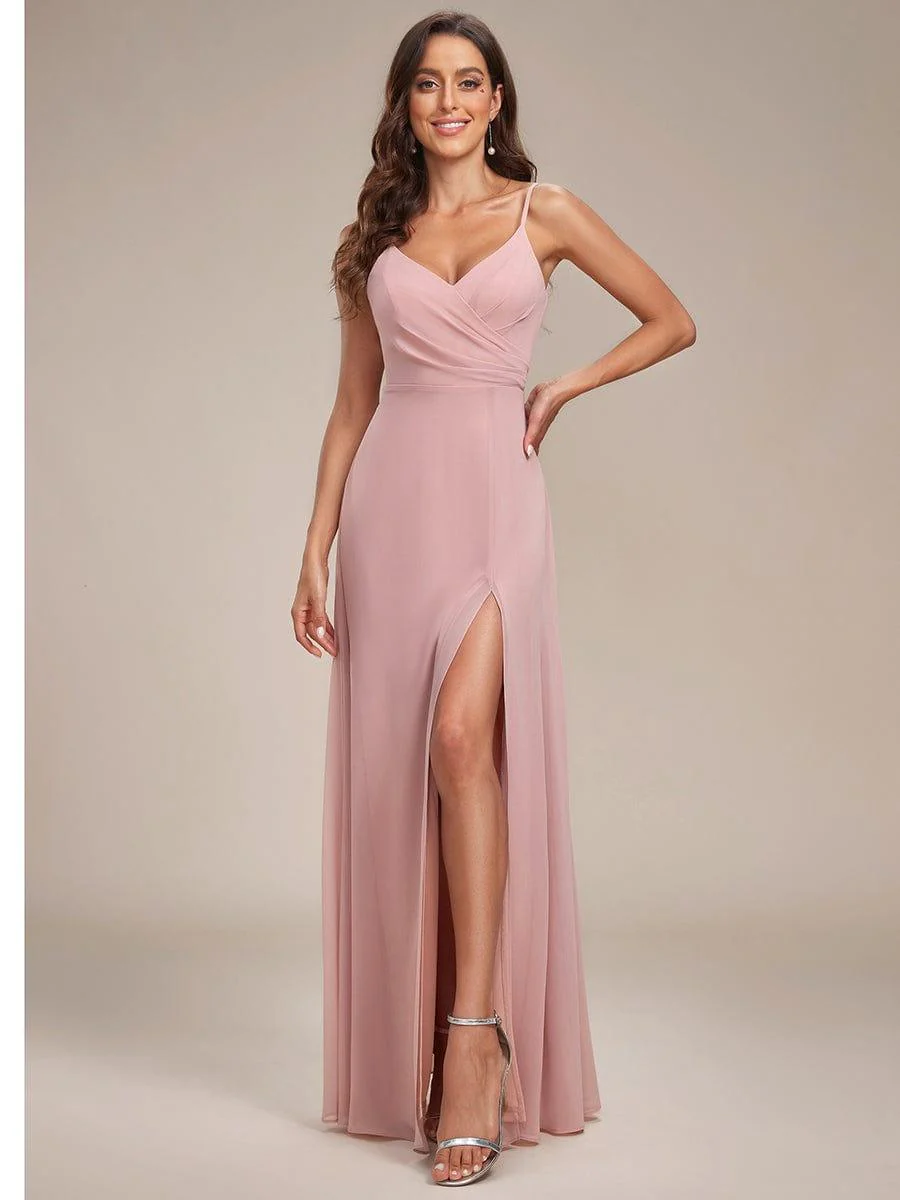 ever RENÉ|Spaghetti Strap Pleated V-Neck High Slit Bridesmaid Dress - Image 34