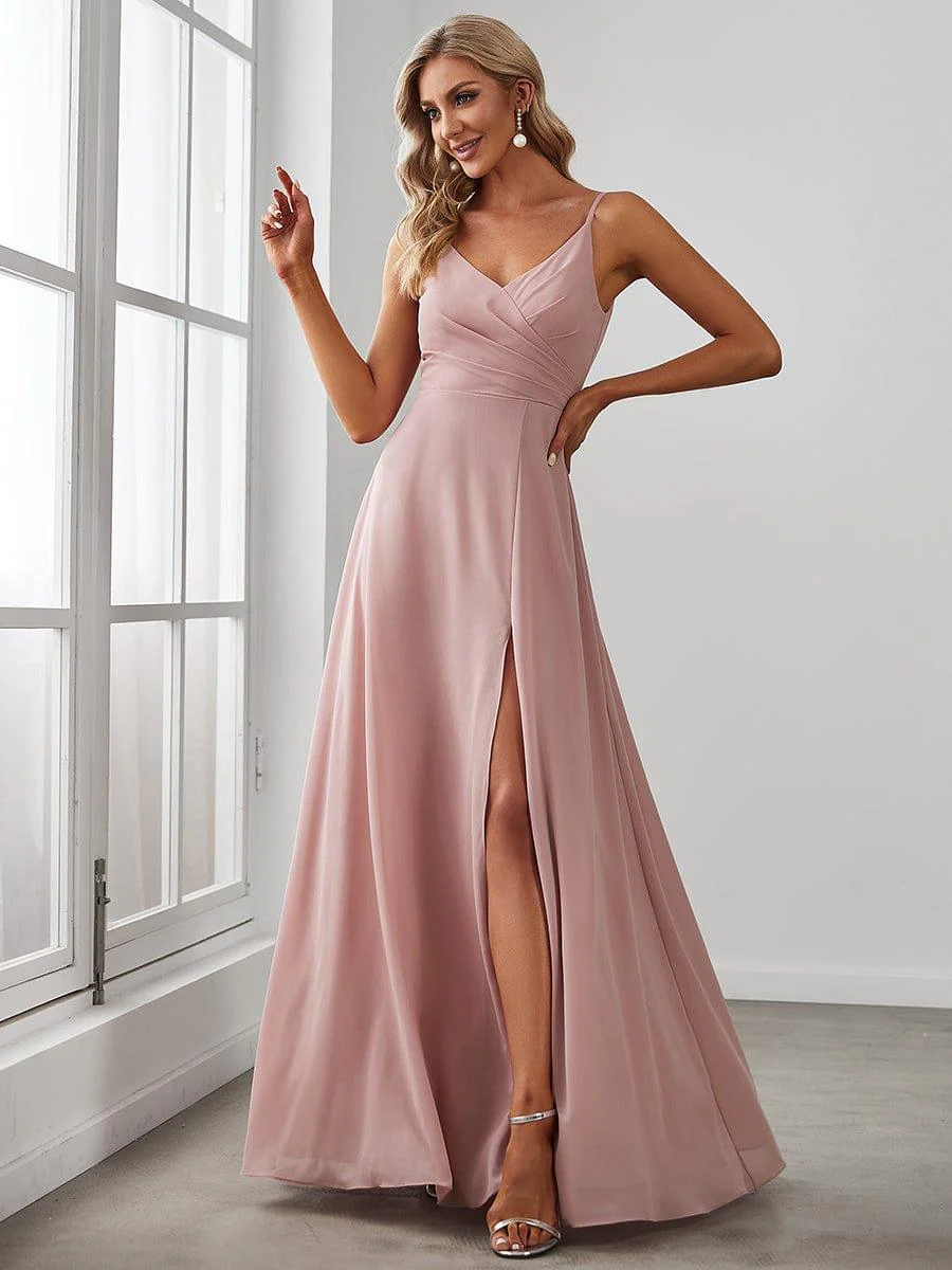 ever RENÉ|Spaghetti Strap Pleated V-Neck High Slit Bridesmaid Dress - Image 35