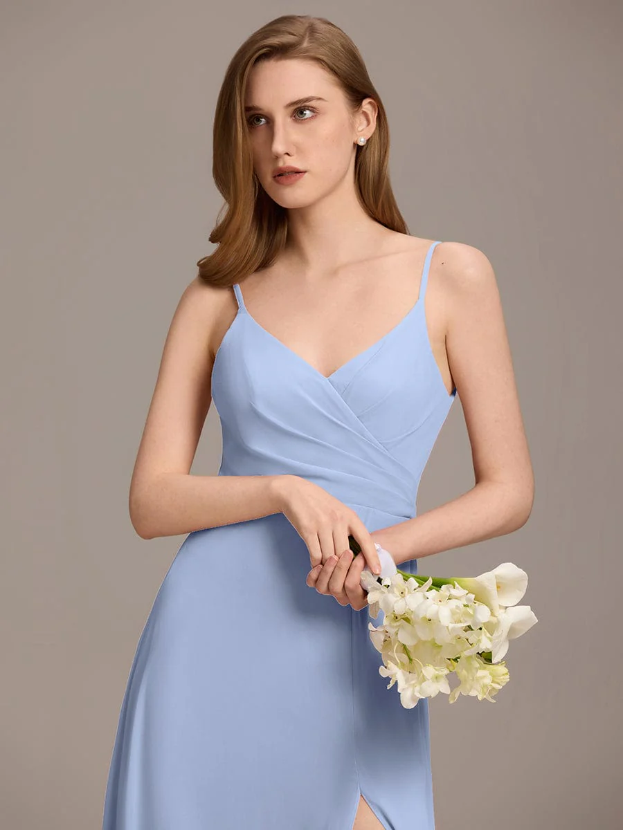 ever RENÉ|Spaghetti Strap Pleated V-Neck High Slit Bridesmaid Dress - Image 43