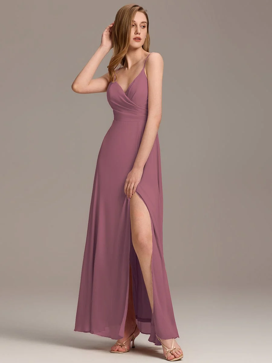 ever RENÉ|Spaghetti Strap Pleated V-Neck High Slit Bridesmaid Dress - Image 50