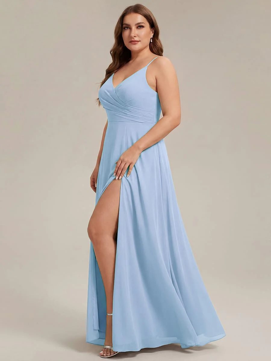 ever RENÉ|Spaghetti Strap Pleated V-Neck High Slit Bridesmaid Dress - Image 53