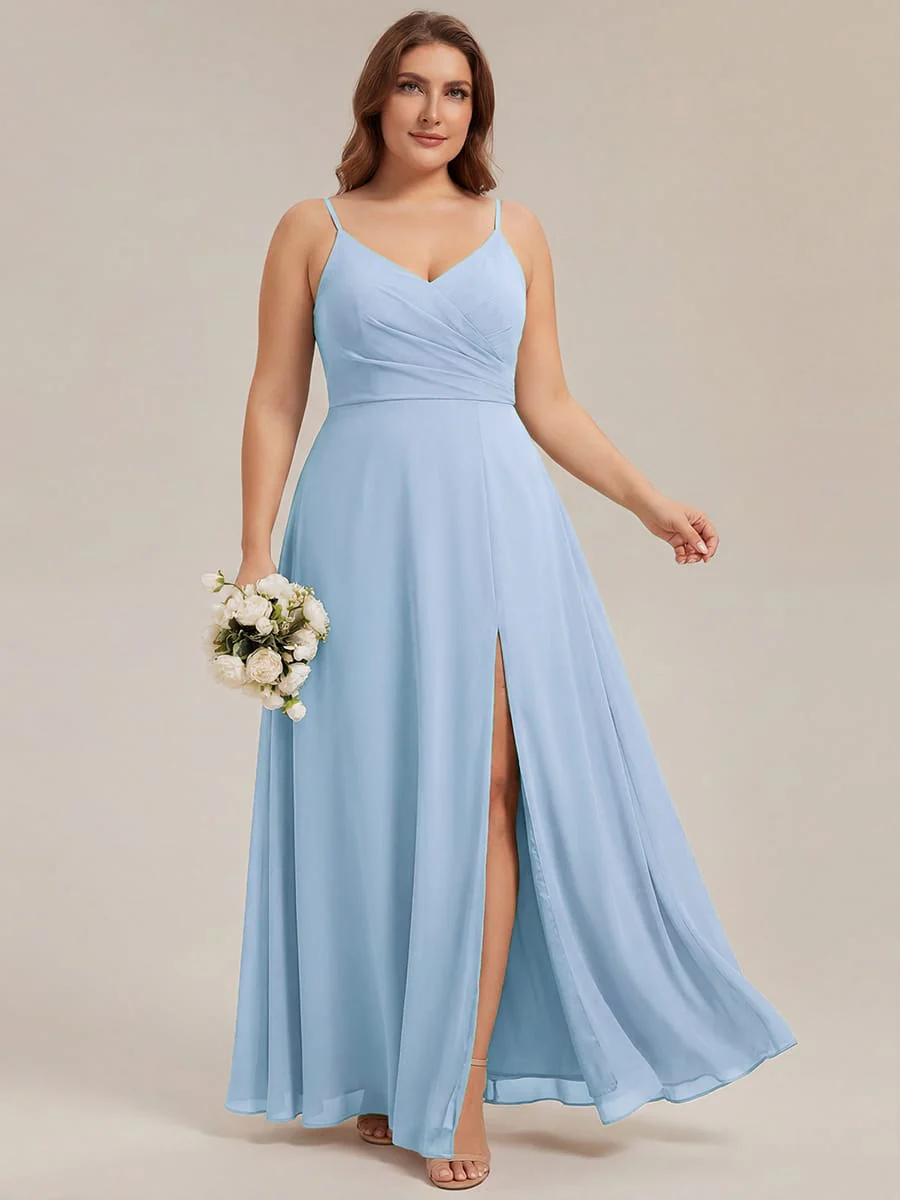 ever RENÉ|Spaghetti Strap Pleated V-Neck High Slit Bridesmaid Dress - Image 54