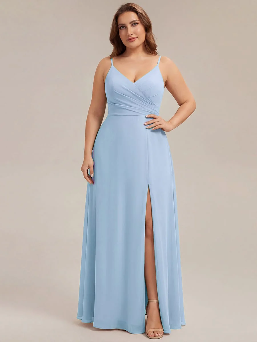 ever RENÉ|Spaghetti Strap Pleated V-Neck High Slit Bridesmaid Dress - Image 56