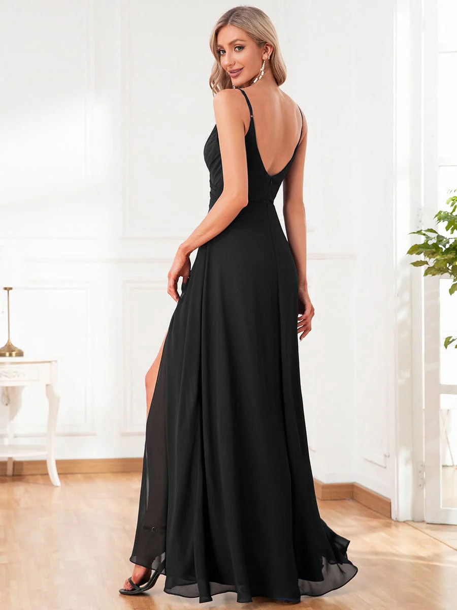 ever RENÉ|Spaghetti Strap Pleated V-Neck High Slit Bridesmaid Dress - Image 57