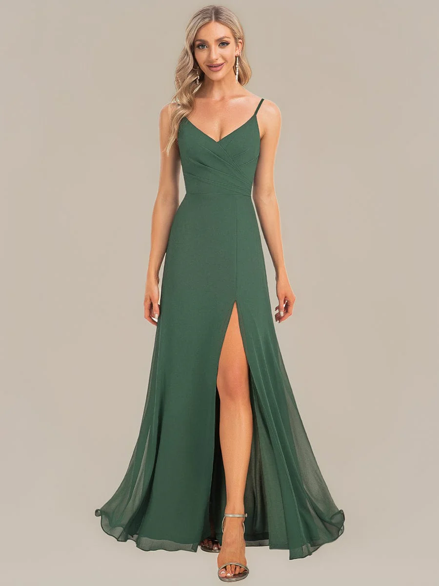 ever RENÉ|Spaghetti Strap Pleated V-Neck High Slit Bridesmaid Dress - Image 61
