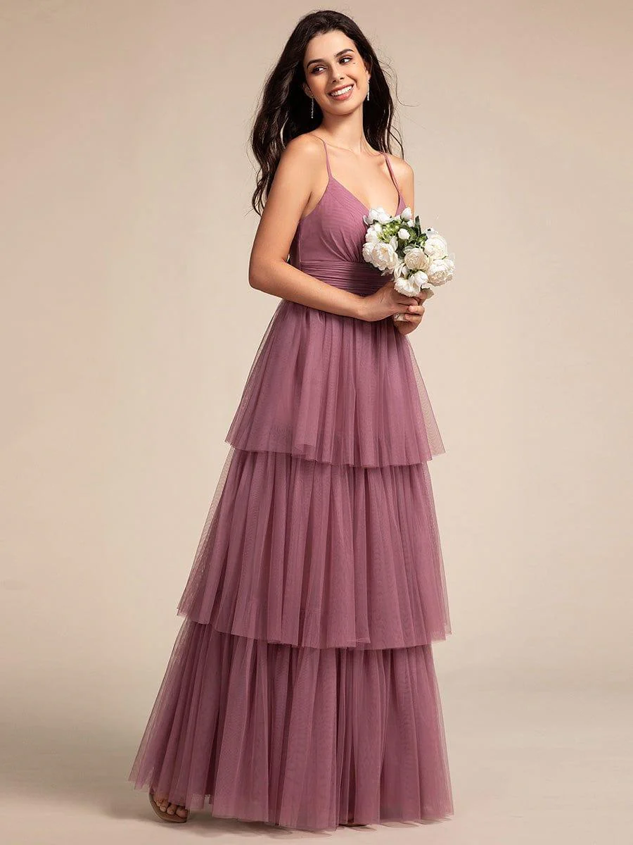 Spaghetti Strap Tiered Tulle Maxi Bridesmaid Dress with Pleats - Image 14