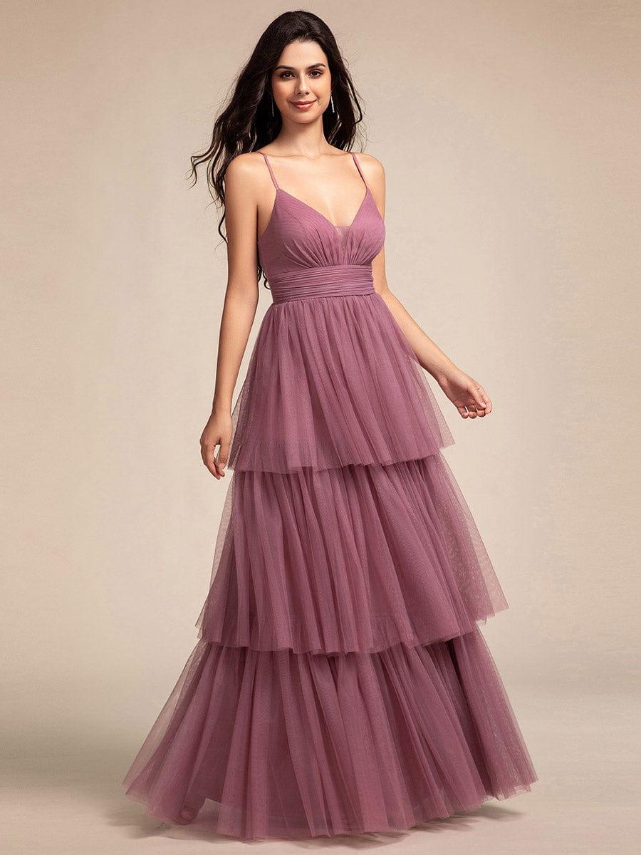 Spaghetti Strap Tiered Tulle Maxi Bridesmaid Dress with Pleats - Image 15