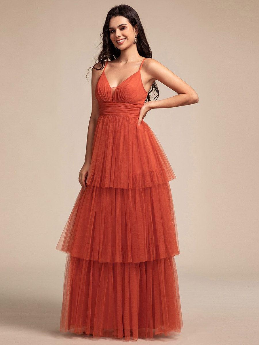 Spaghetti Strap Tiered Tulle Maxi Bridesmaid Dress with Pleats - Image 4
