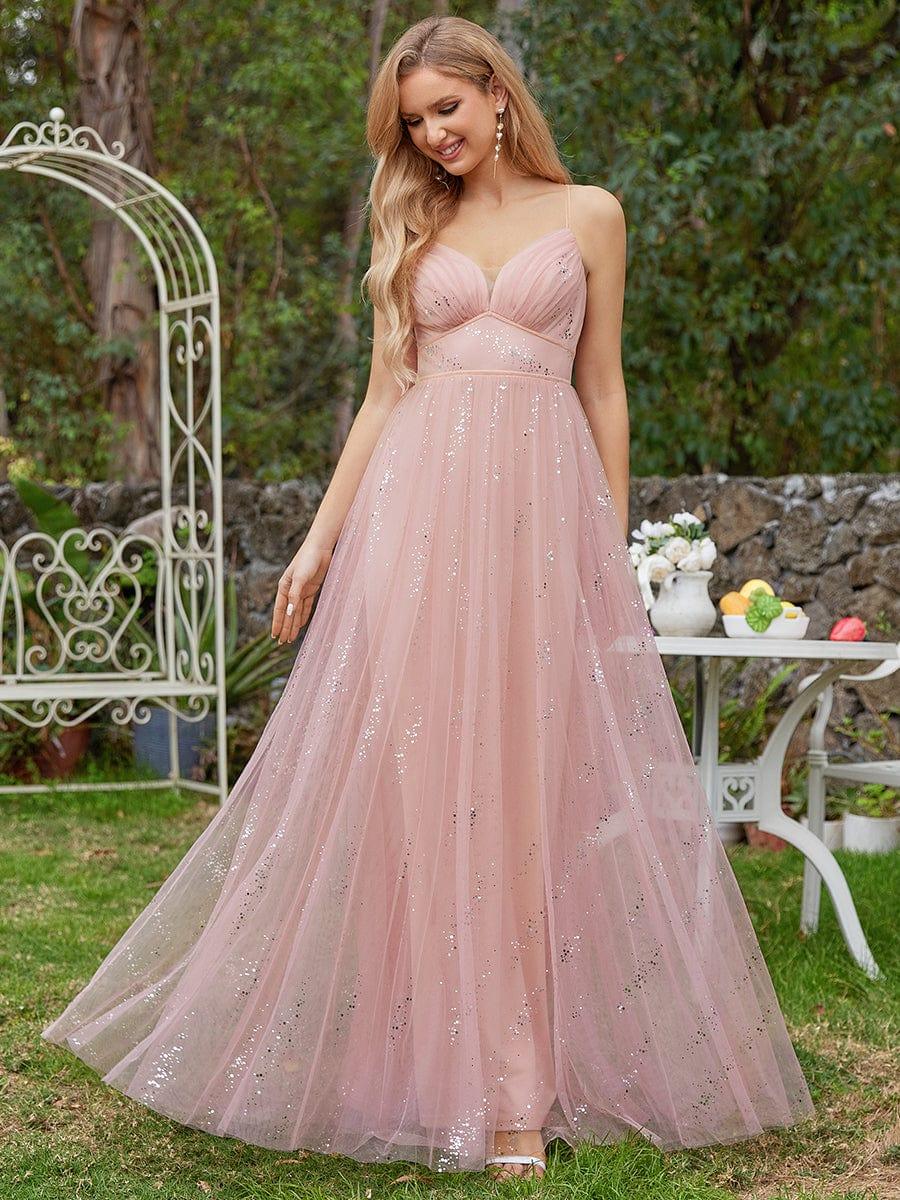 Sparkling Empire Waist Sleeveless Tulle Maxi Dress in Pink