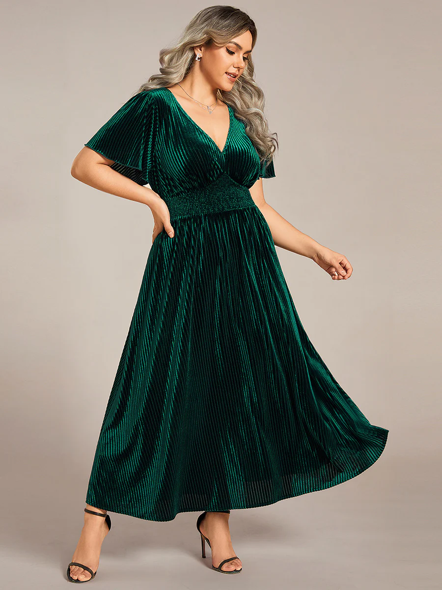 ever AZALEA|Striped Velvet Flutter Sleeves V-Neck Midi Evening Dress - Image 10