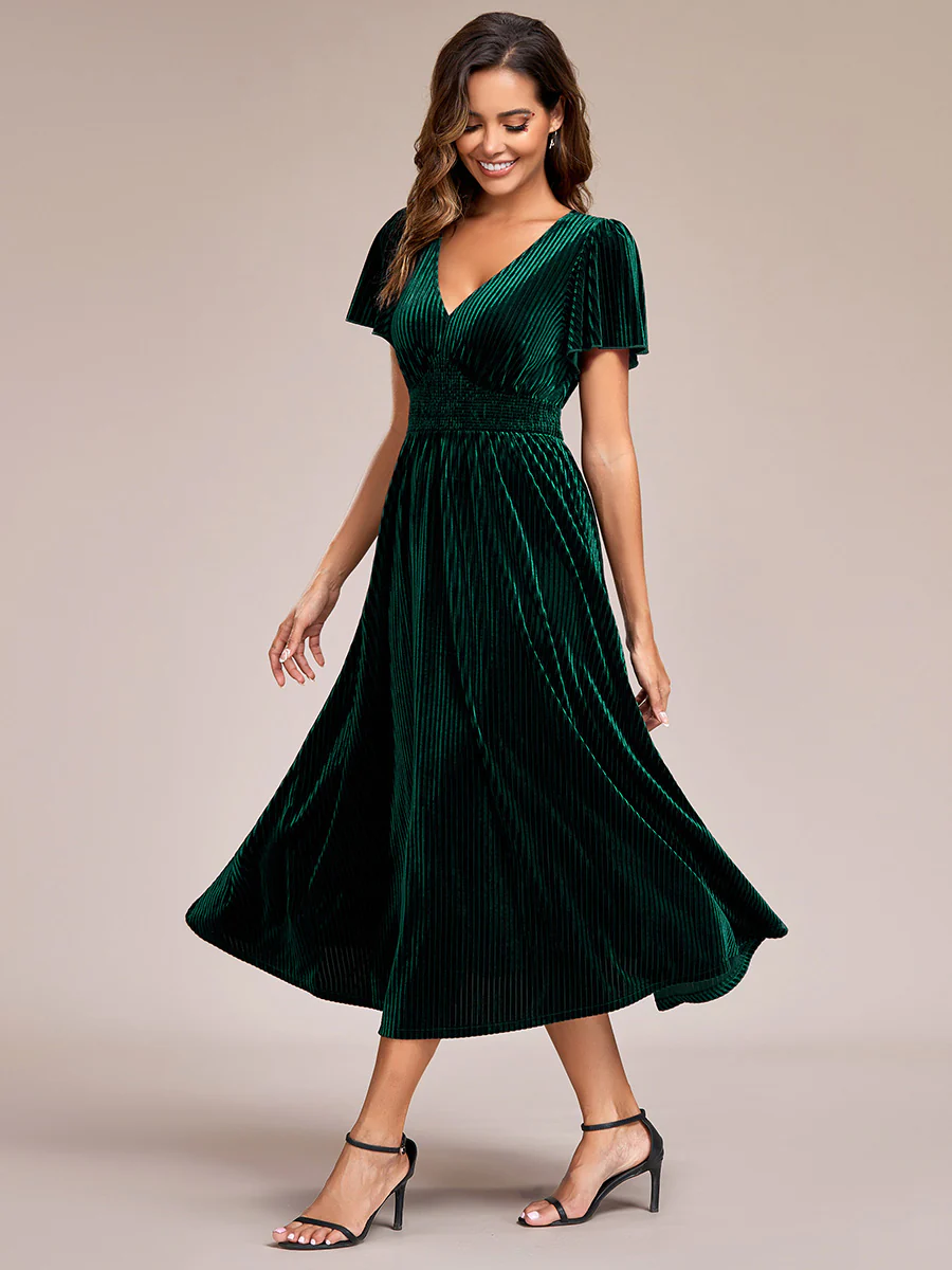 ever AZALEA|Striped Velvet Flutter Sleeves V-Neck Midi Evening Dress - Image 5