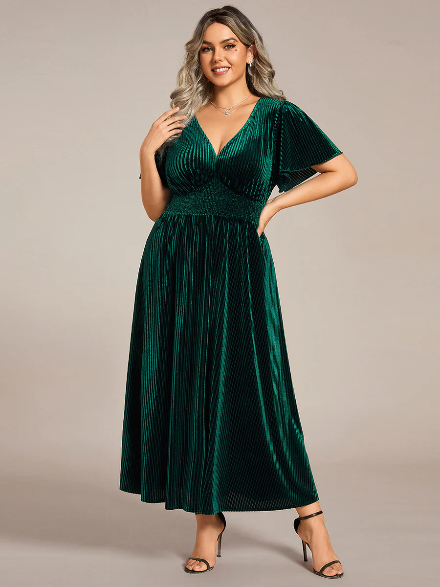 ever AZALEA|Striped Velvet Flutter Sleeves V-Neck Midi Evening Dress - Image 9