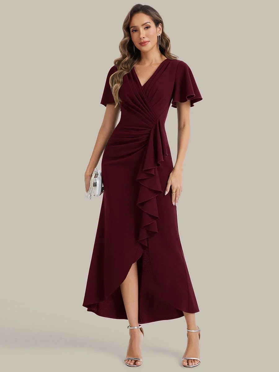 Thigh-High Slit Knit Ruffle Sleeve Dress - Image 11