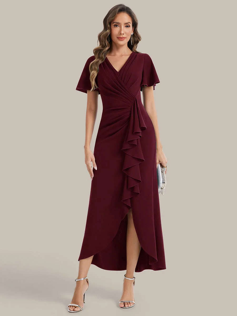 Thigh-High Slit Knit Ruffle Sleeve Dress - Image 12