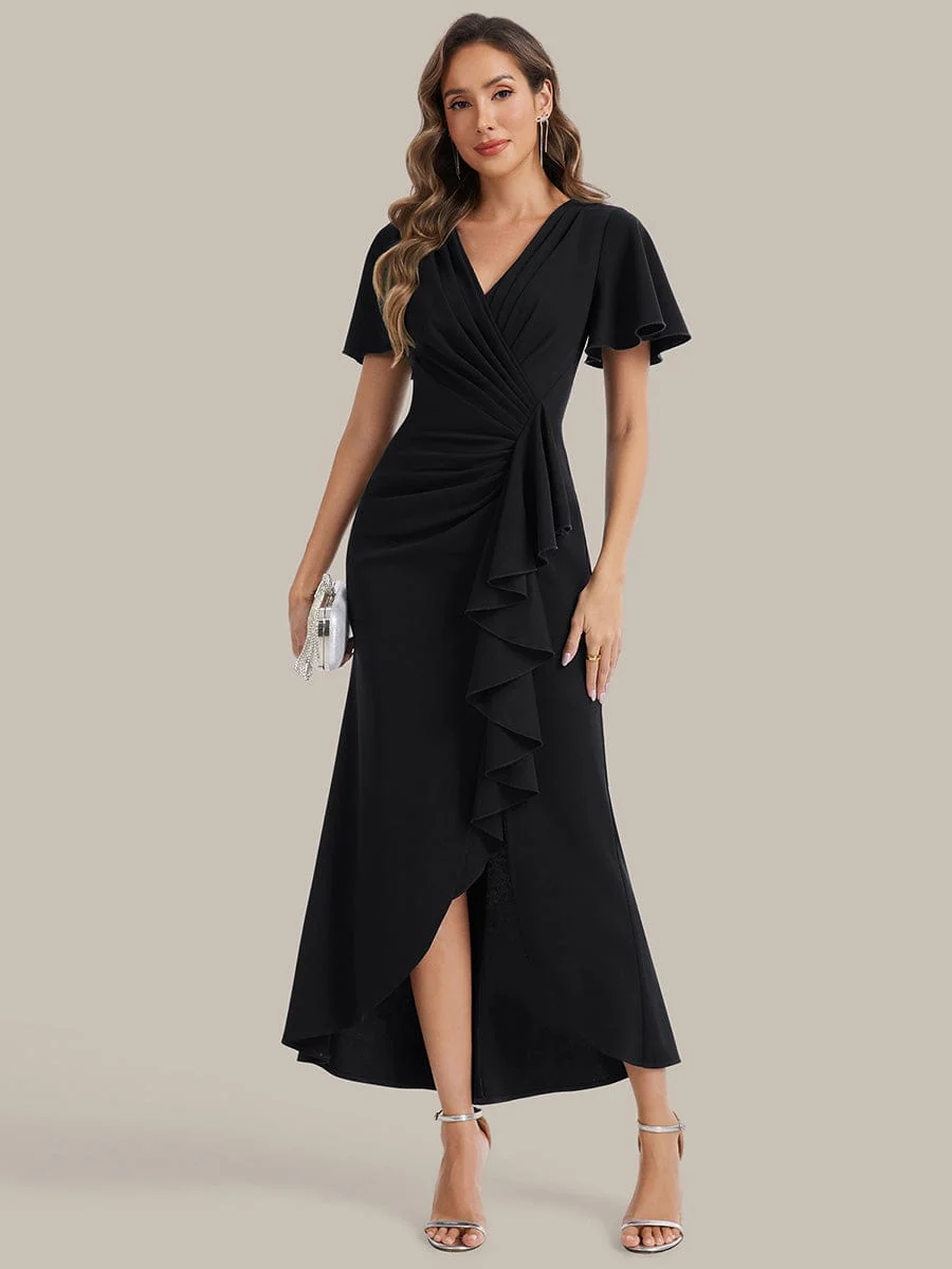 Thigh-High Slit Knit Ruffle Sleeve Dress - Image 21