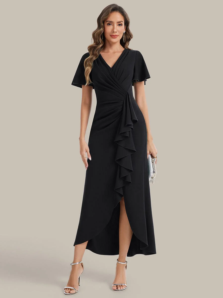 Thigh-High Slit Knit Ruffle Sleeve Dress - Image 22