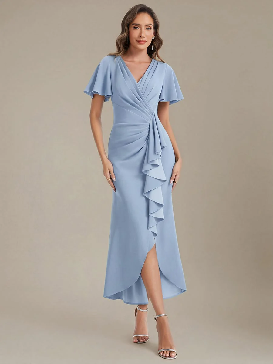 Thigh-High Slit Knit Ruffle Sleeve Dress - Image 28