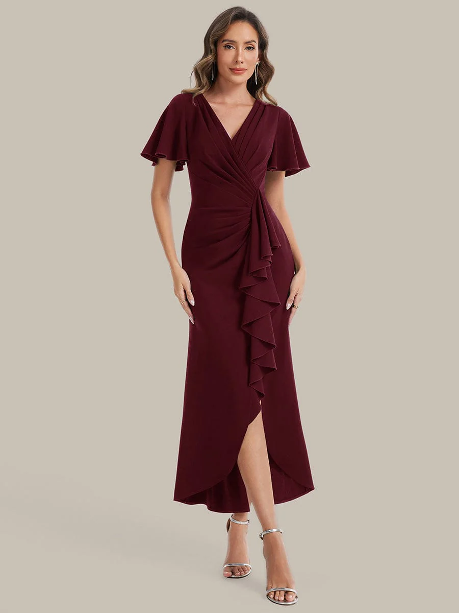 Thigh-High Slit Knit Ruffle Sleeve Dress - Image 3