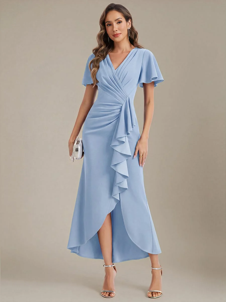 Thigh-High Slit Knit Ruffle Sleeve Dress - Image 30