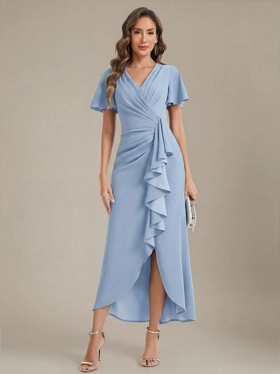 Thigh-High Slit Knit Ruffle Sleeve Dress - Image 31
