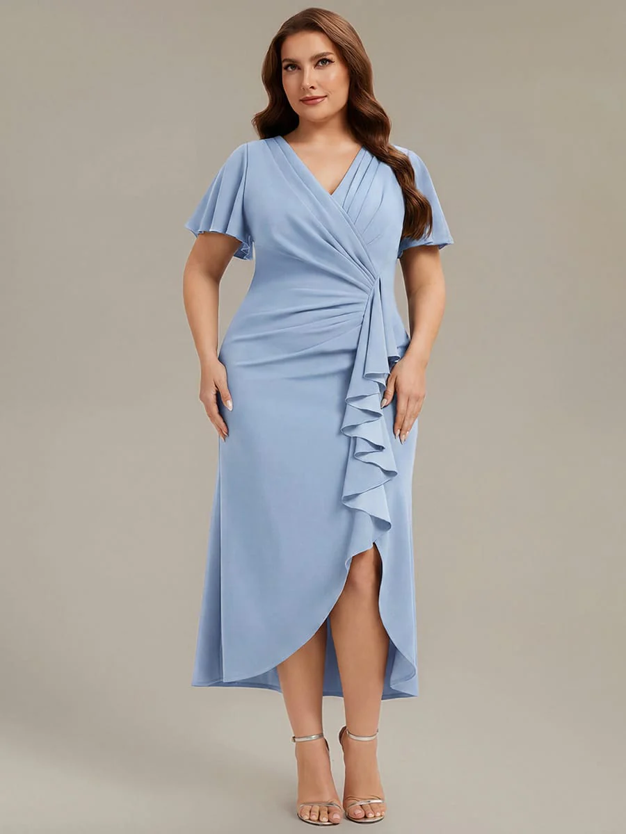 Thigh-High Slit Knit Ruffle Sleeve Dress - Image 33