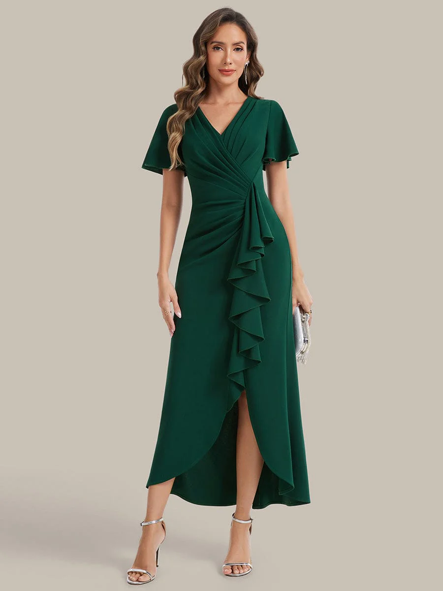 Thigh-High Slit Knit Ruffle Sleeve Dress - Image 40