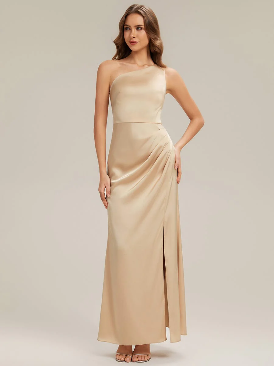 Thigh-High Slit Satin One-Shoulder Dress - Image 11