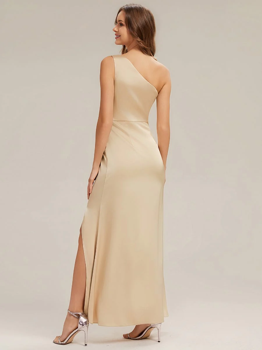 Thigh-High Slit Satin One-Shoulder Dress - Image 12