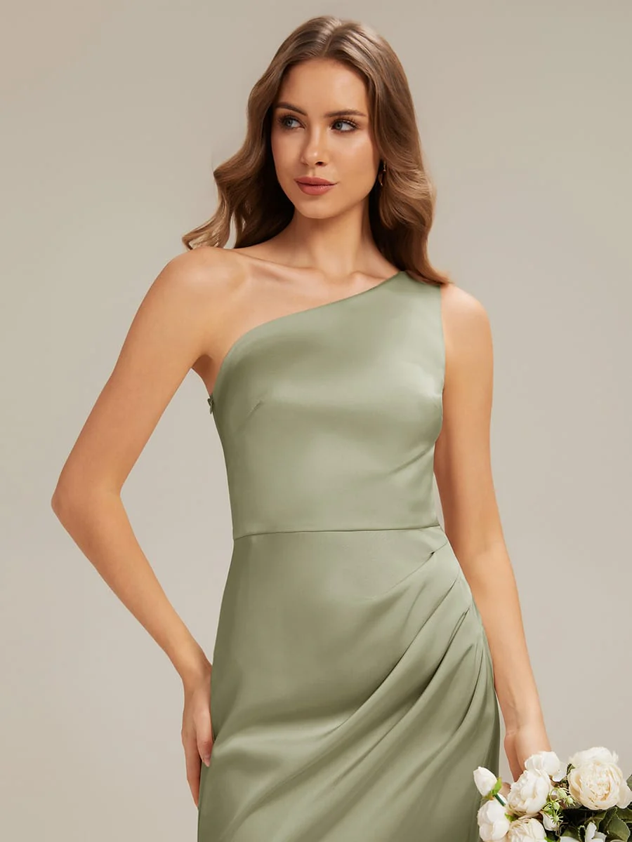 Thigh-High Slit Satin One-Shoulder Dress - Image 22