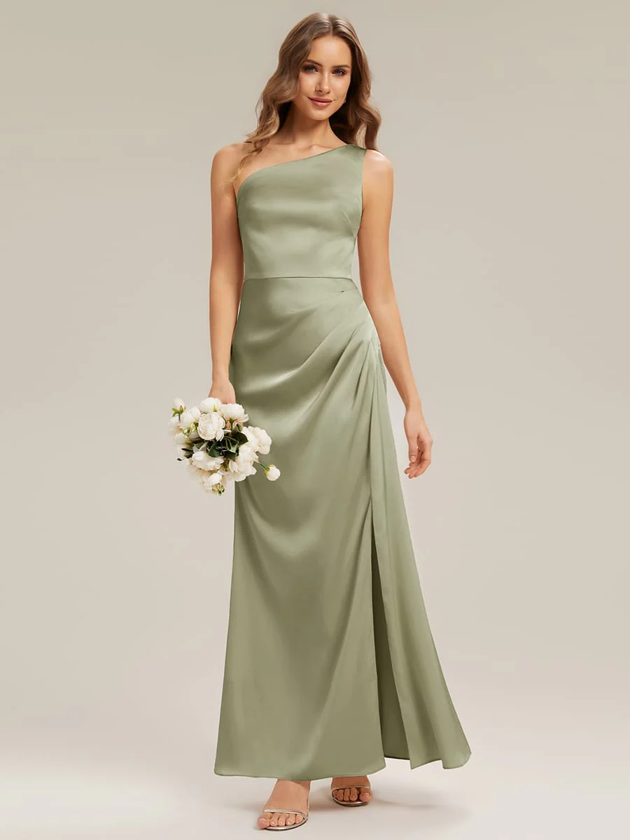 Thigh-High Slit Satin One-Shoulder Dress - Image 24