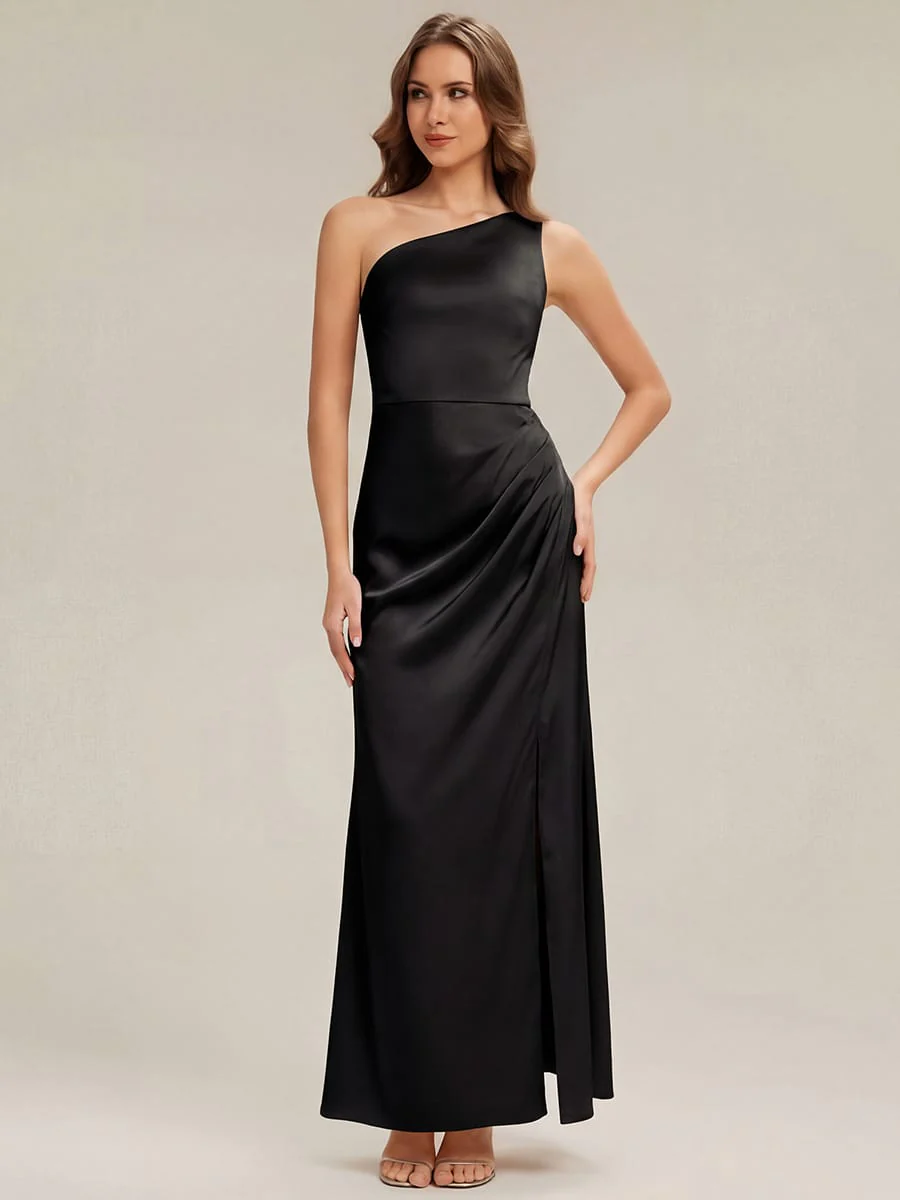 Thigh-High Slit Satin One-Shoulder Dress - Image 3